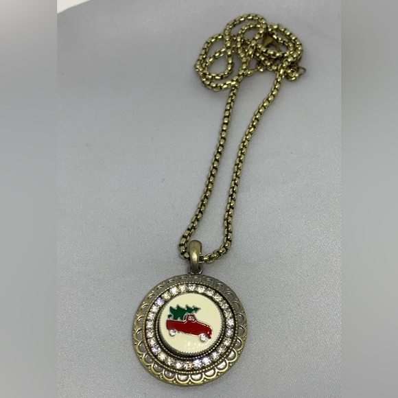 Bling & Bronze Snap Button Necklace with Christmas Tree Farm Truck Charm - Picture 2 of 4
